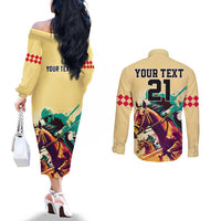 Personalised Kentucky Horse Racing Couples Matching Off The Shoulder Long Sleeve Dress and Long Sleeve Button Shirts 151st Anniversary Sporting Art Gold Version LT9