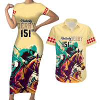 Personalised Kentucky Horse Racing Couples Matching Short Sleeve Bodycon Dress and Hawaiian Shirt 151st Anniversary Sporting Art Gold Version LT9