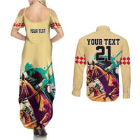 Personalised Kentucky Horse Racing Couples Matching Summer Maxi Dress and Long Sleeve Button Shirts 151st Anniversary Sporting Art Gold Version LT9