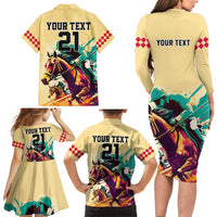 Personalised Kentucky Horse Racing Family Matching Long Sleeve Bodycon Dress and Hawaiian Shirt 151st Anniversary Sporting Art Gold Version LT9