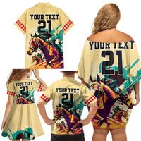 Personalised Kentucky Horse Racing Family Matching Off Shoulder Short Dress and Hawaiian Shirt 151st Anniversary Sporting Art Gold Version LT9