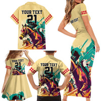 Personalised Kentucky Horse Racing Family Matching Short Sleeve Bodycon Dress and Hawaiian Shirt 151st Anniversary Sporting Art Gold Version LT9