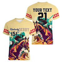 Personalised Kentucky Horse Racing Women V Neck T Shirt 151st Anniversary Sporting Art Gold Version LT9