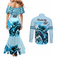 Kentucky Horse Racing Couples Matching Mermaid Dress and Long Sleeve Button Shirts 151st Anniversary Sporting Art Blue Version LT9