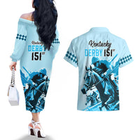 Kentucky Horse Racing Couples Matching Off The Shoulder Long Sleeve Dress and Hawaiian Shirt 151st Anniversary Sporting Art Blue Version LT9