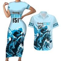 Kentucky Horse Racing Couples Matching Short Sleeve Bodycon Dress and Hawaiian Shirt 151st Anniversary Sporting Art Blue Version LT9