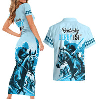 Kentucky Horse Racing Couples Matching Short Sleeve Bodycon Dress and Hawaiian Shirt 151st Anniversary Sporting Art Blue Version LT9