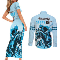 Kentucky Horse Racing Couples Matching Short Sleeve Bodycon Dress and Long Sleeve Button Shirts 151st Anniversary Sporting Art Blue Version LT9
