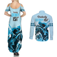 Kentucky Horse Racing Couples Matching Summer Maxi Dress and Long Sleeve Button Shirts 151st Anniversary Sporting Art Blue Version LT9