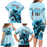 Kentucky Horse Racing Family Matching Long Sleeve Bodycon Dress and Hawaiian Shirt 151st Anniversary Sporting Art Blue Version LT9