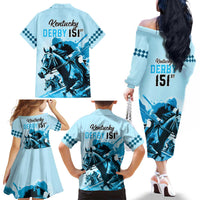 Kentucky Horse Racing Family Matching Off Shoulder Long Sleeve Dress and Hawaiian Shirt 151st Anniversary Sporting Art Blue Version LT9