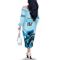Kentucky Horse Racing Family Matching Off Shoulder Long Sleeve Dress and Hawaiian Shirt 151st Anniversary Sporting Art Blue Version LT9