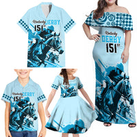 Kentucky Horse Racing Family Matching Off Shoulder Maxi Dress and Hawaiian Shirt 151st Anniversary Sporting Art Blue Version LT9