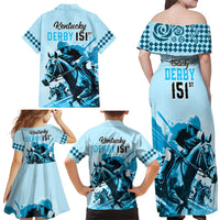 Kentucky Horse Racing Family Matching Off Shoulder Maxi Dress and Hawaiian Shirt 151st Anniversary Sporting Art Blue Version LT9
