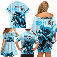 Kentucky Horse Racing Family Matching Off Shoulder Short Dress and Hawaiian Shirt 151st Anniversary Sporting Art Blue Version LT9