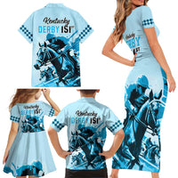 Kentucky Horse Racing Family Matching Short Sleeve Bodycon Dress and Hawaiian Shirt 151st Anniversary Sporting Art Blue Version LT9