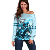 Kentucky Horse Racing Off Shoulder Sweater 151st Anniversary Sporting Art Blue Version LT9