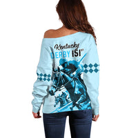 Kentucky Horse Racing Off Shoulder Sweater 151st Anniversary Sporting Art Blue Version LT9