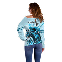 Kentucky Horse Racing Off Shoulder Sweater 151st Anniversary Sporting Art Blue Version LT9
