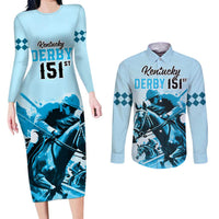 Personalised Kentucky Horse Racing Couples Matching Long Sleeve Bodycon Dress and Long Sleeve Button Shirts 151st Anniversary Sporting Art Blue Version LT9