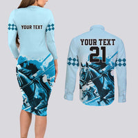 Personalised Kentucky Horse Racing Couples Matching Long Sleeve Bodycon Dress and Long Sleeve Button Shirts 151st Anniversary Sporting Art Blue Version LT9
