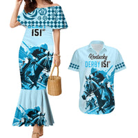 Personalised Kentucky Horse Racing Couples Matching Mermaid Dress and Hawaiian Shirt 151st Anniversary Sporting Art Blue Version LT9