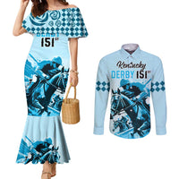 Personalised Kentucky Horse Racing Couples Matching Mermaid Dress and Long Sleeve Button Shirts 151st Anniversary Sporting Art Blue Version LT9