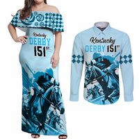 Personalised Kentucky Horse Racing Couples Matching Off Shoulder Maxi Dress and Long Sleeve Button Shirts 151st Anniversary Sporting Art Blue Version LT9