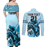 Personalised Kentucky Horse Racing Couples Matching Off Shoulder Maxi Dress and Long Sleeve Button Shirts 151st Anniversary Sporting Art Blue Version LT9