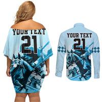 Personalised Kentucky Horse Racing Couples Matching Off Shoulder Short Dress and Long Sleeve Button Shirts 151st Anniversary Sporting Art Blue Version LT9