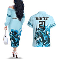 Personalised Kentucky Horse Racing Couples Matching Off The Shoulder Long Sleeve Dress and Hawaiian Shirt 151st Anniversary Sporting Art Blue Version LT9