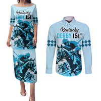 Personalised Kentucky Horse Racing Couples Matching Puletasi Dress and Long Sleeve Button Shirts 151st Anniversary Sporting Art Blue Version LT9