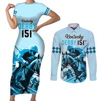Personalised Kentucky Horse Racing Couples Matching Short Sleeve Bodycon Dress and Long Sleeve Button Shirts 151st Anniversary Sporting Art Blue Version LT9