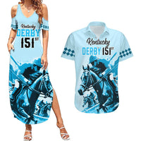 Personalised Kentucky Horse Racing Couples Matching Summer Maxi Dress and Hawaiian Shirt 151st Anniversary Sporting Art Blue Version LT9