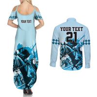 Personalised Kentucky Horse Racing Couples Matching Summer Maxi Dress and Long Sleeve Button Shirts 151st Anniversary Sporting Art Blue Version LT9