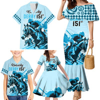 Personalised Kentucky Horse Racing Family Matching Mermaid Dress and Hawaiian Shirt 151st Anniversary Sporting Art Blue Version LT9