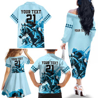 Personalised Kentucky Horse Racing Family Matching Off Shoulder Long Sleeve Dress and Hawaiian Shirt 151st Anniversary Sporting Art Blue Version LT9