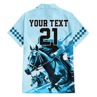 Personalised Kentucky Horse Racing Family Matching Off Shoulder Long Sleeve Dress and Hawaiian Shirt 151st Anniversary Sporting Art Blue Version LT9