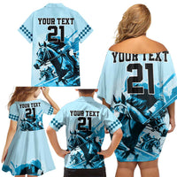 Personalised Kentucky Horse Racing Family Matching Off Shoulder Short Dress and Hawaiian Shirt 151st Anniversary Sporting Art Blue Version LT9
