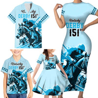 Personalised Kentucky Horse Racing Family Matching Short Sleeve Bodycon Dress and Hawaiian Shirt 151st Anniversary Sporting Art Blue Version LT9