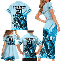 Personalised Kentucky Horse Racing Family Matching Short Sleeve Bodycon Dress and Hawaiian Shirt 151st Anniversary Sporting Art Blue Version LT9