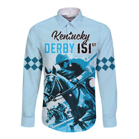 Personalised Kentucky Horse Racing Long Sleeve Button Shirt 151st Anniversary Sporting Art Blue Version LT9