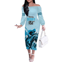 Personalised Kentucky Horse Racing Off The Shoulder Long Sleeve Dress 151st Anniversary Sporting Art Blue Version LT9