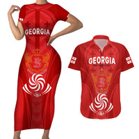 Custom Georgia Rugby Couples Matching Short Sleeve Bodycon Dress and Hawaiian Shirt World Cup 2023 Come On Lelos LT9 - Wonder Print Shop