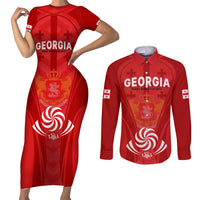 Custom Georgia Rugby Couples Matching Short Sleeve Bodycon Dress and Long Sleeve Button Shirts World Cup 2023 Come On Lelos LT9 - Wonder Print Shop