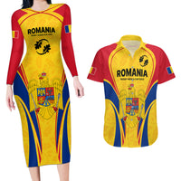 Custom Romania Rugby Couples Matching Long Sleeve Bodycon Dress and Hawaiian Shirt The Oaks World Cup 2023 Go Stejarii LT9 - Wonder Print Shop