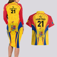 Custom Romania Rugby Couples Matching Long Sleeve Bodycon Dress and Hawaiian Shirt The Oaks World Cup 2023 Go Stejarii LT9 - Wonder Print Shop