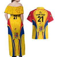 Custom Romania Rugby Couples Matching Off Shoulder Maxi Dress and Hawaiian Shirt The Oaks World Cup 2023 Go Stejarii LT9 - Wonder Print Shop