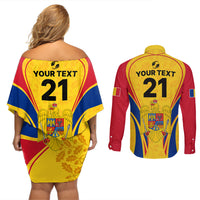 Custom Romania Rugby Couples Matching Off Shoulder Short Dress and Long Sleeve Button Shirts The Oaks World Cup 2023 Go Stejarii LT9 - Wonder Print Shop
