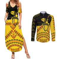 Personalised Romania Oaks Rugby Couples Matching Summer Maxi Dress and Long Sleeve Button Shirts Romanian Pattern With Embroidery Motif LT9 - Wonder Print Shop